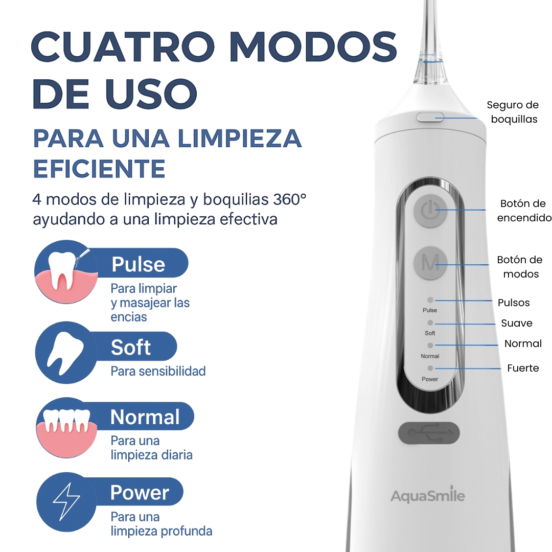 Irrigador bucal con 4 modos de uso para limpieza suave, normal, potente o pulsante.