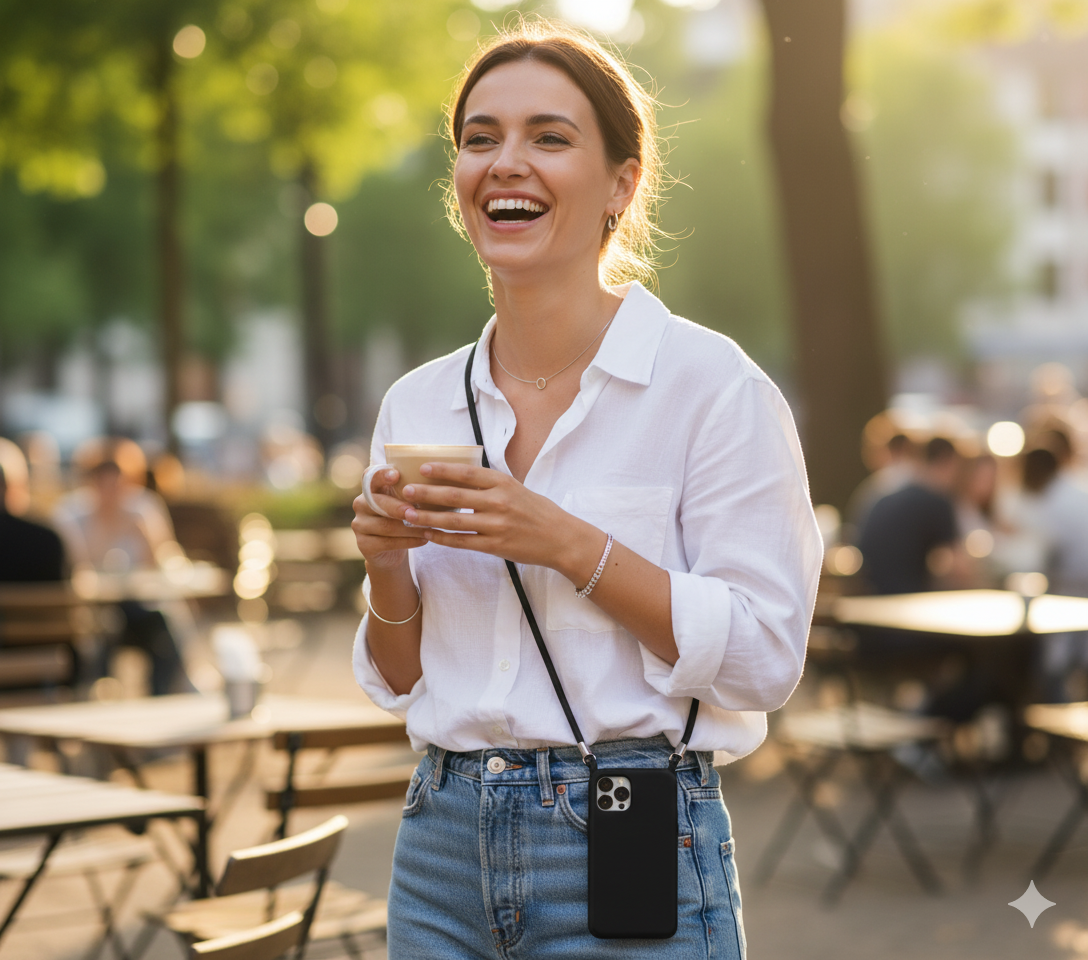 Modelo usando a capa crossbody com iPhone 17 Pro Max