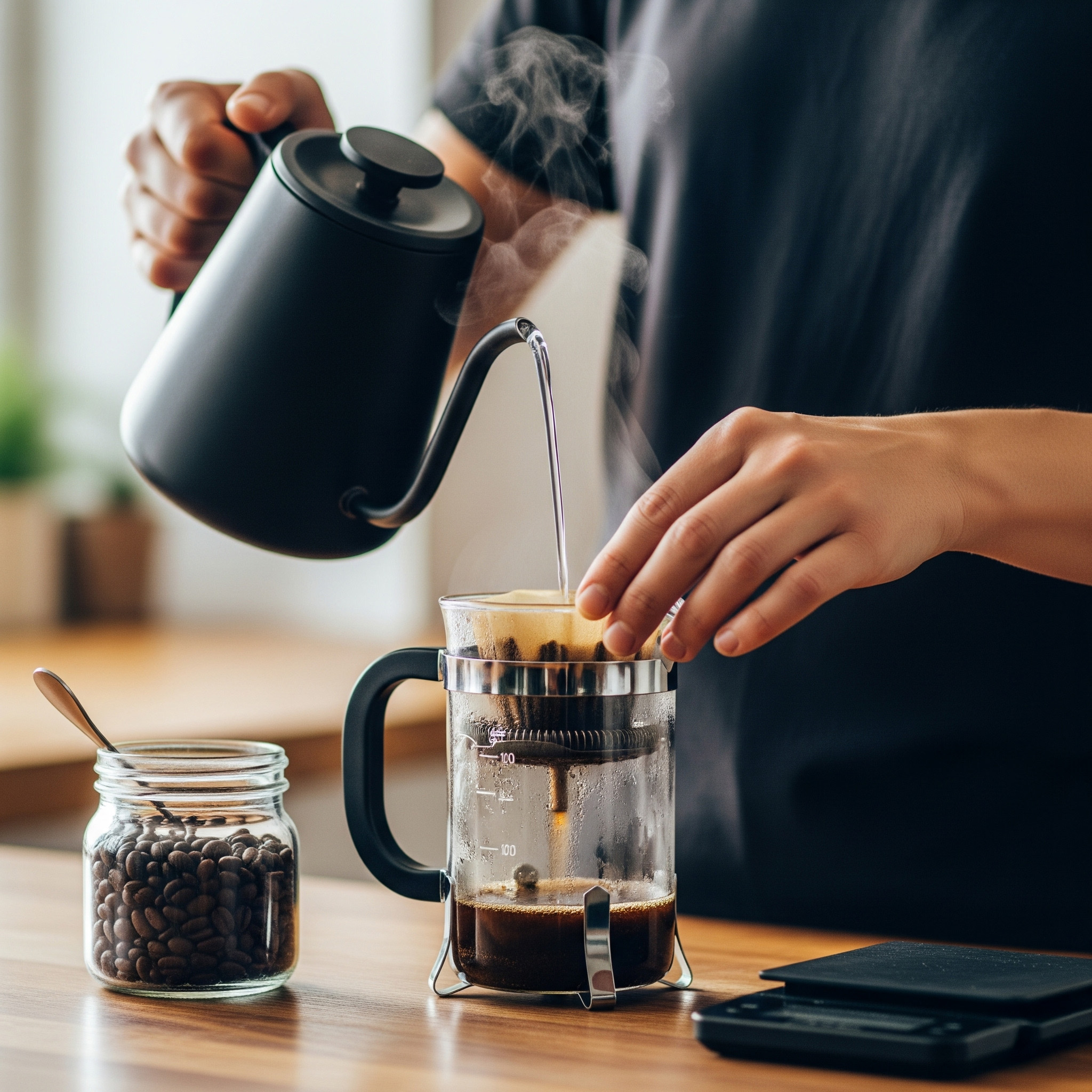 preparacion de un buen cafe con una prensa francesa