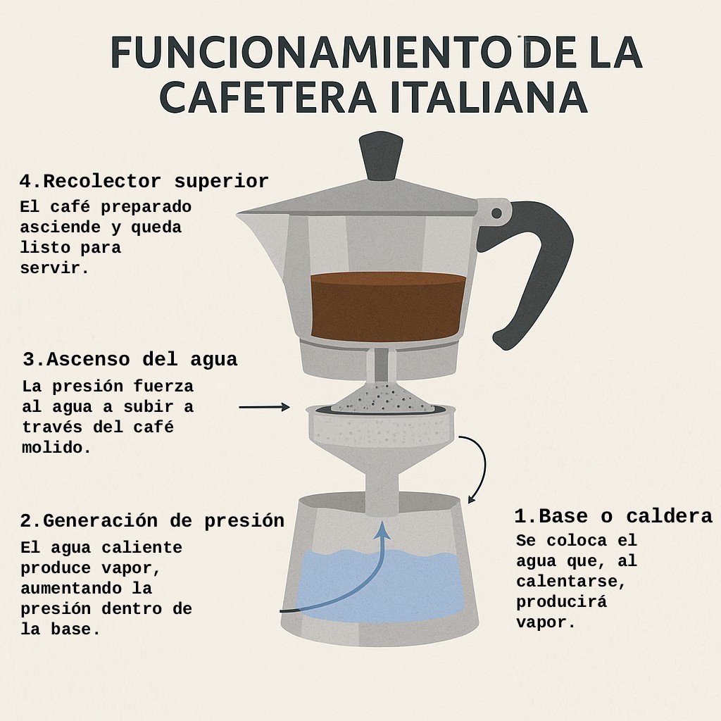 una cafetera italiana explicada parte por parte