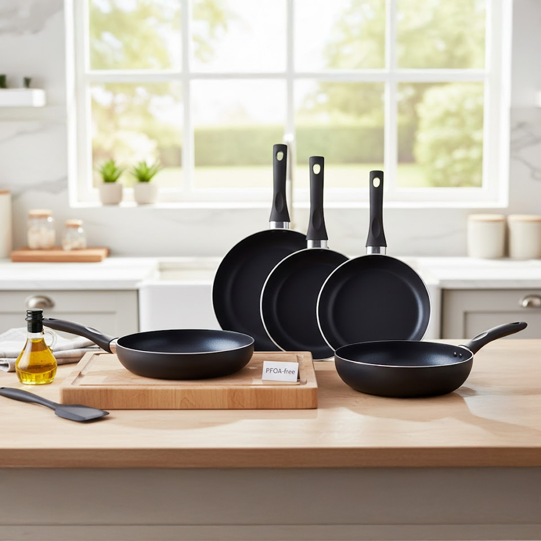 un juego de sartenes expuesto sobre una mesada