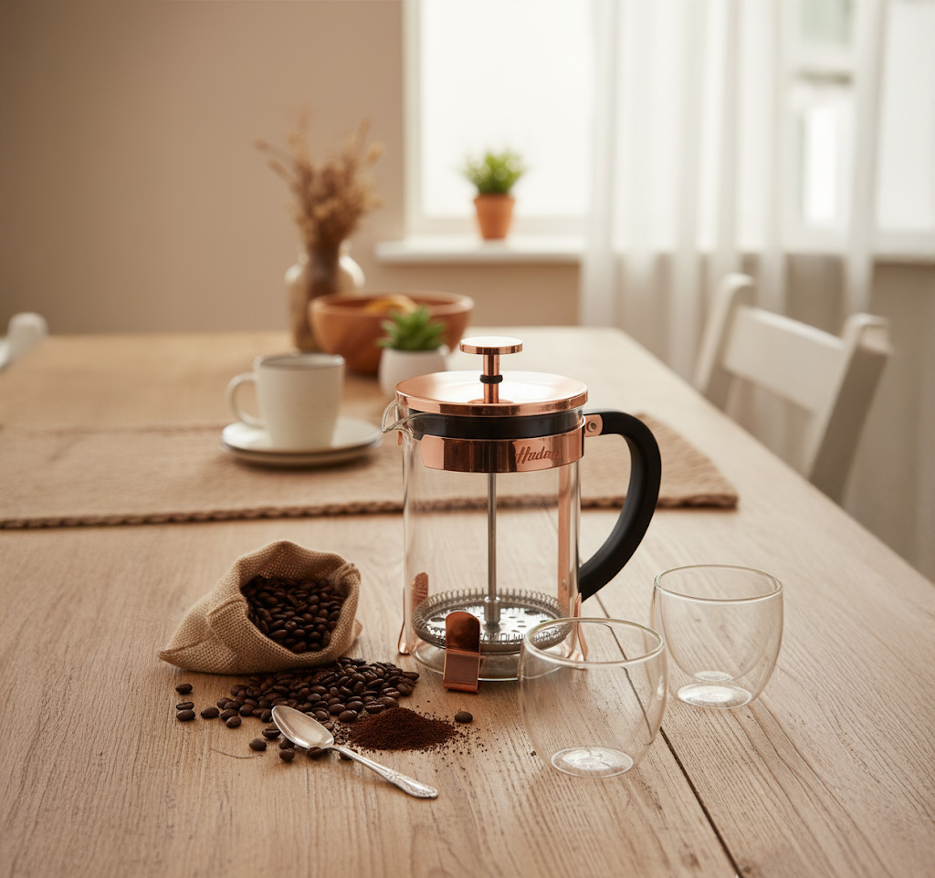 cafetera de tipo francesa acompañada con granos de cafe