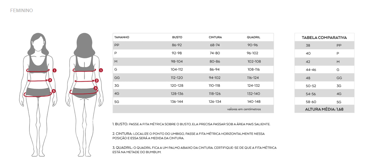 Tabela de medidas FEMININO