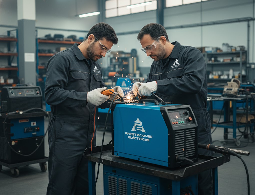 Equipo del service tecnico de Prestaciones Electricas reparando soldadora y corte plasma