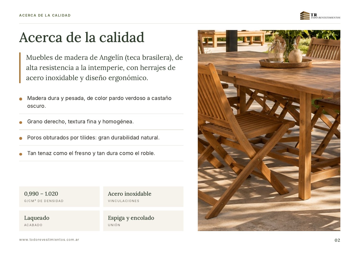 Acerca de la calidad, muebles de madera de Angelín (teca brasilera)