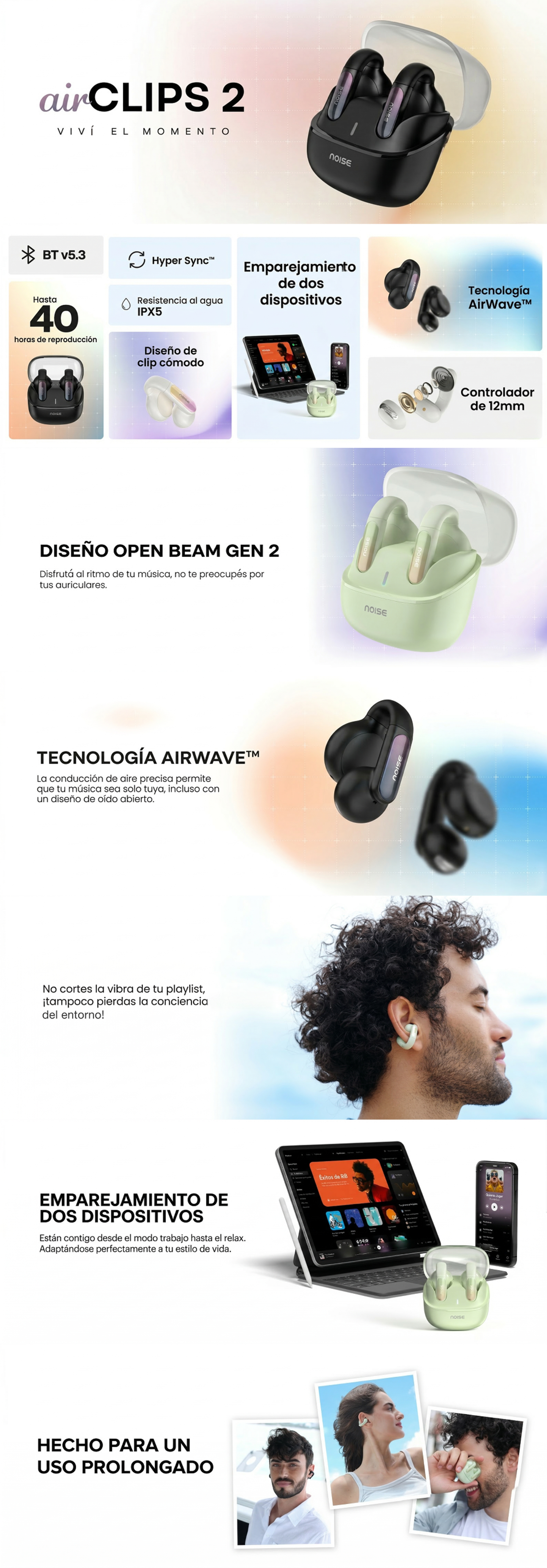 Auriculares Noise Air Clips 2 OWS Frost Green - Contenido enriquecido