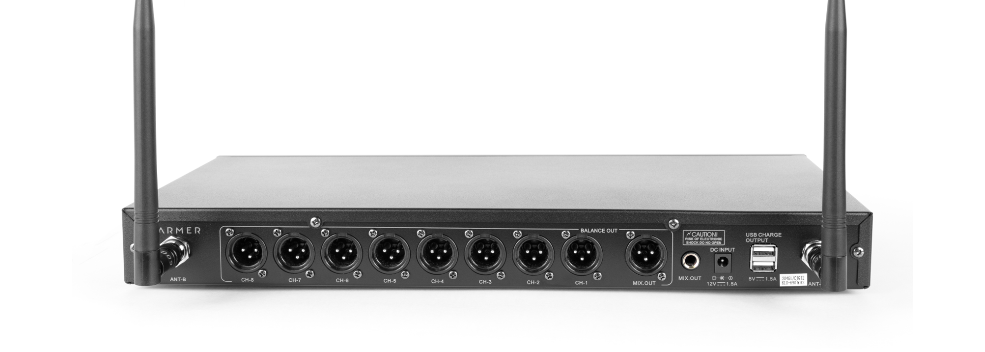 8 sa&iacute;das XLR balanceadas independentes e sa&iacute;da Mix TRS XLR do receptor Armer AX OCTA G2