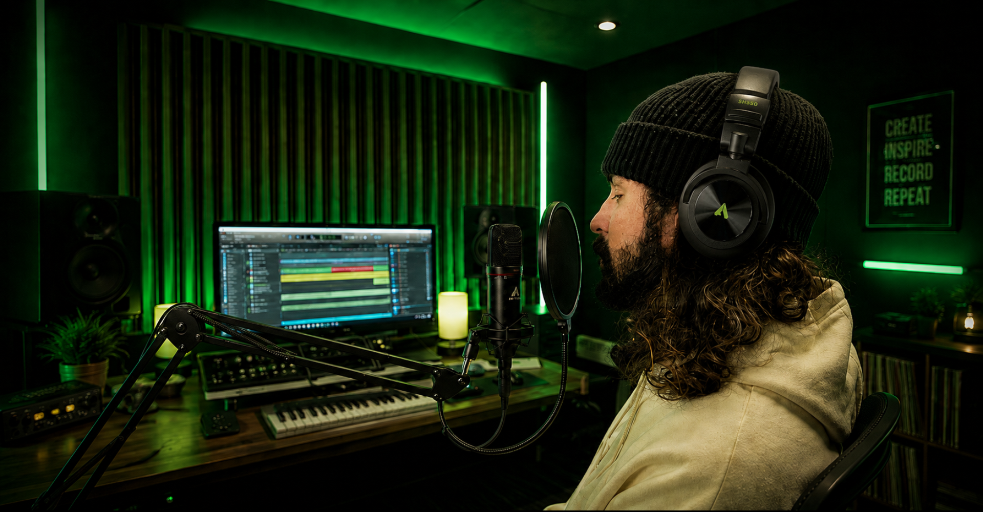 Banner de versatilidade do Armer A87 para voz, instrumentos, podcast e bateria