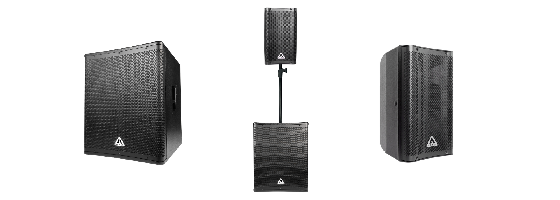 Composi&ccedil;&atilde;o do Kit PA Armer com subwoofer EVX18SUB, caixa ativa EVX10 e suporte SP35