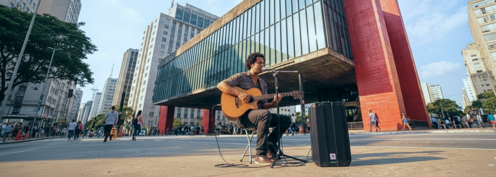 M&uacute;sico tocando viol&atilde;o ao ar livre com a caixa Armer EVX8GO na Avenida Paulista S&atilde;o Paulo