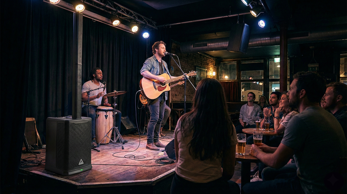 Torre de Som Array Armer LA1221DSP 800W com sub 12 polegadas montada em uso profissional ao vivo