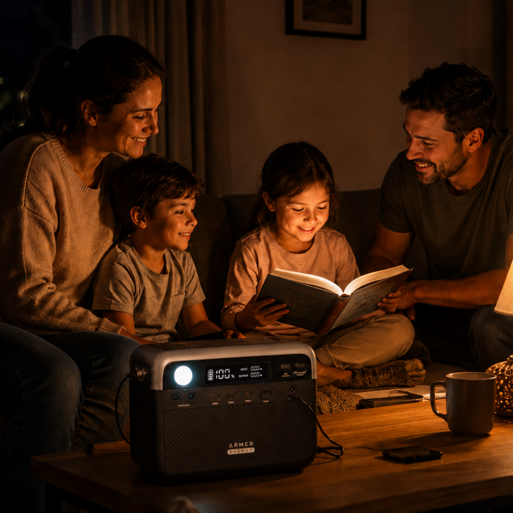 Esta&ccedil;&atilde;o de energia port&aacute;til Armer Energy GEN300 mantendo roteador e ilumina&ccedil;&atilde;o ligados durante queda de luz em casa