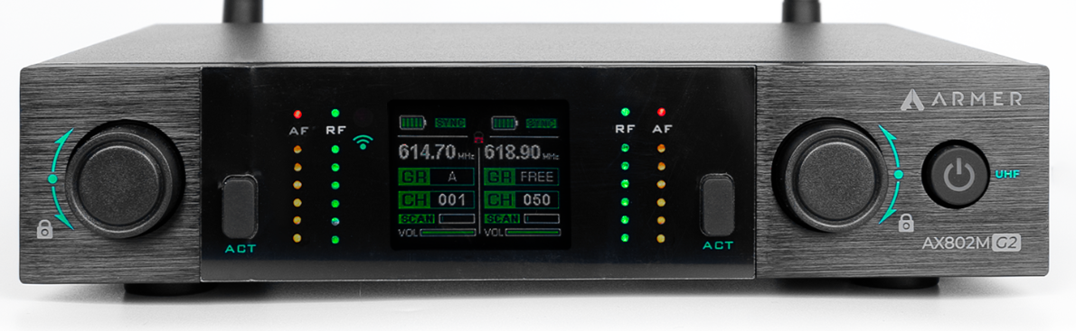 500 canais dispon&iacute;veis por transmissor AX802M G2 com largura de banda de 50 MHz na faixa UHF