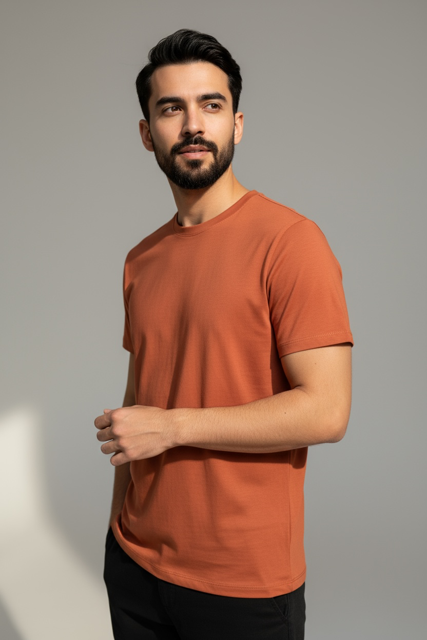 Modelo vestindo camiseta Pima coral