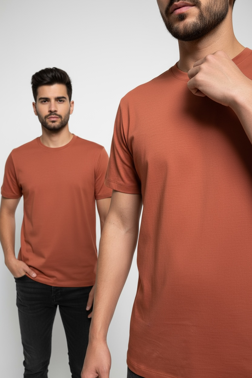 Modelo vestindo camiseta Pima coral