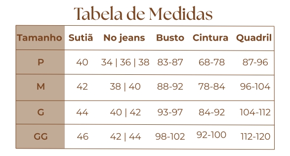 Tabela de Medidas para Conjuntos da Use Fabi Lingerie