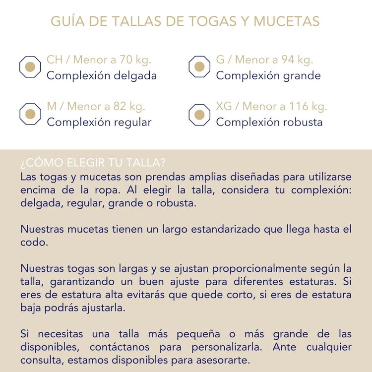 Guía de tallas toga y muceta Trece Cielos