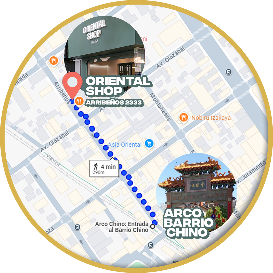 Mapa de google mostrando como llegar desde el Arco de Barrio Chino hasta Oriental Shop en Arribeños 2333