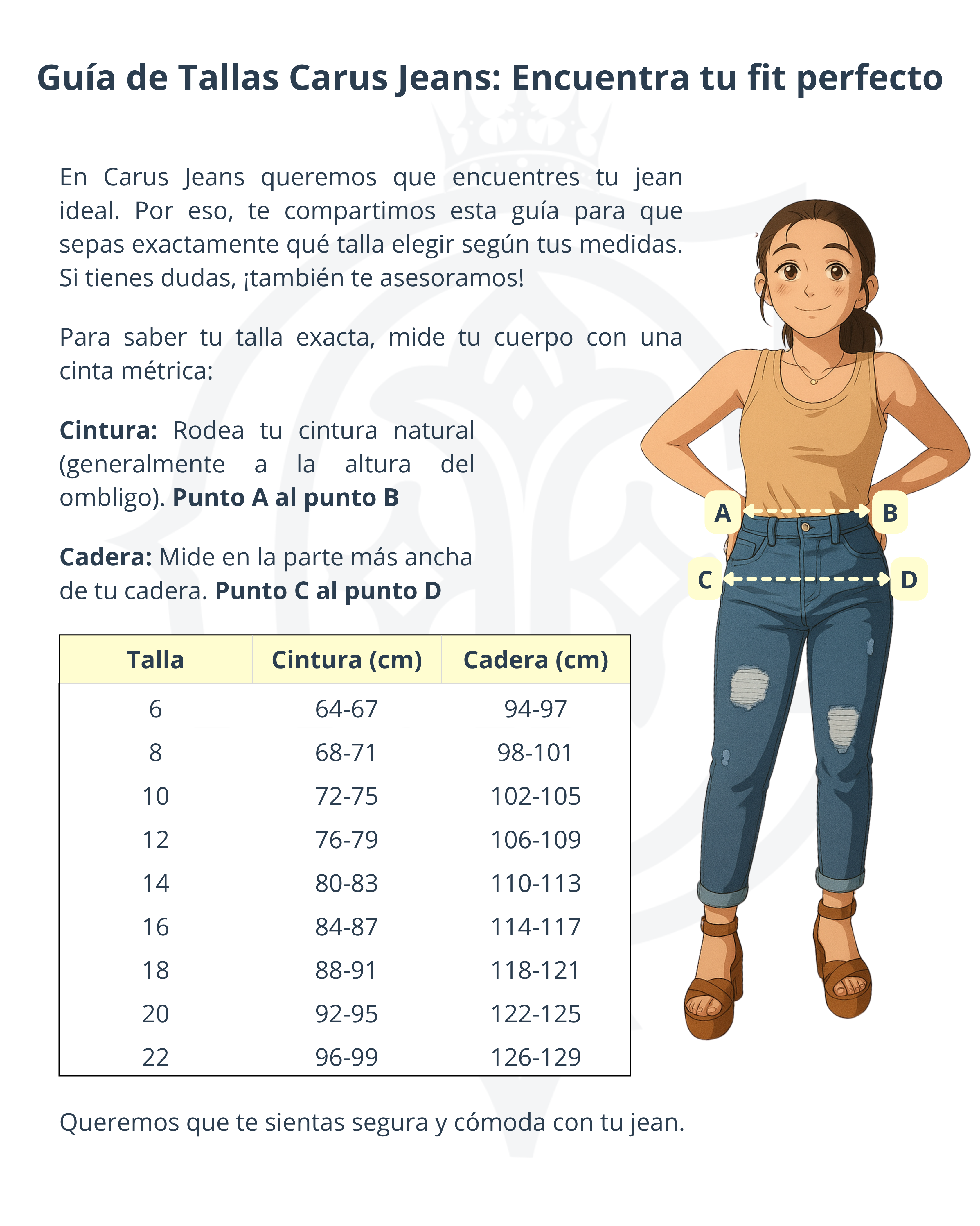Guía de tallas de Carus Jeans para mujer con tabla de medidas en centímetros y ejemplo visual para medir cintura y cadera correctamente.
