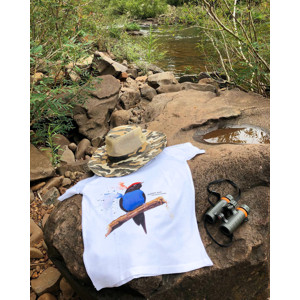 Remera con ilustración a la acuarela de saltarín azul, por Déborah Viccini (Anambé – Arte de la Selva)