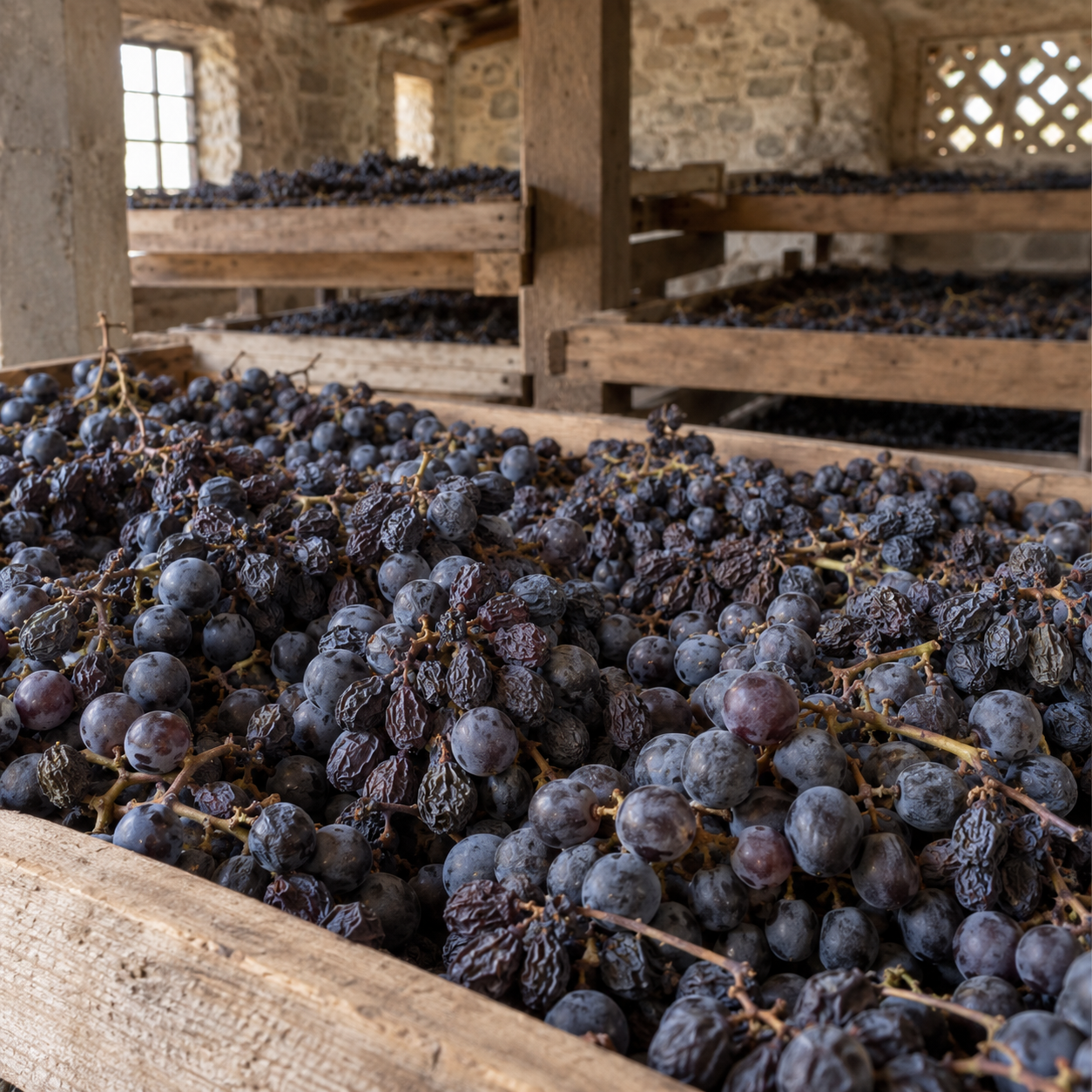 uvas em secagem para appassimento