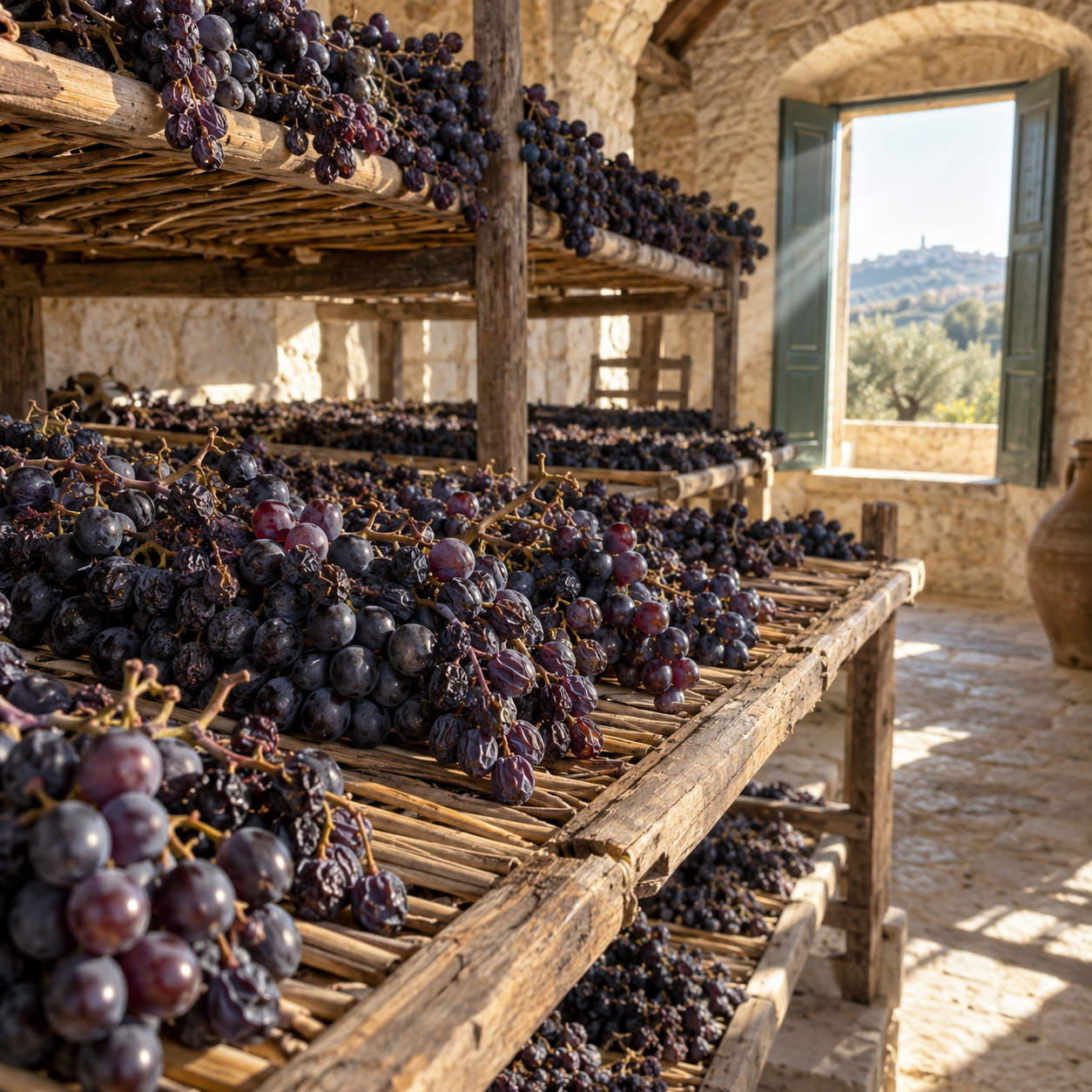 imagem editorial de uvas Negroamaro em secagem natural para a t&eacute;cnica passito