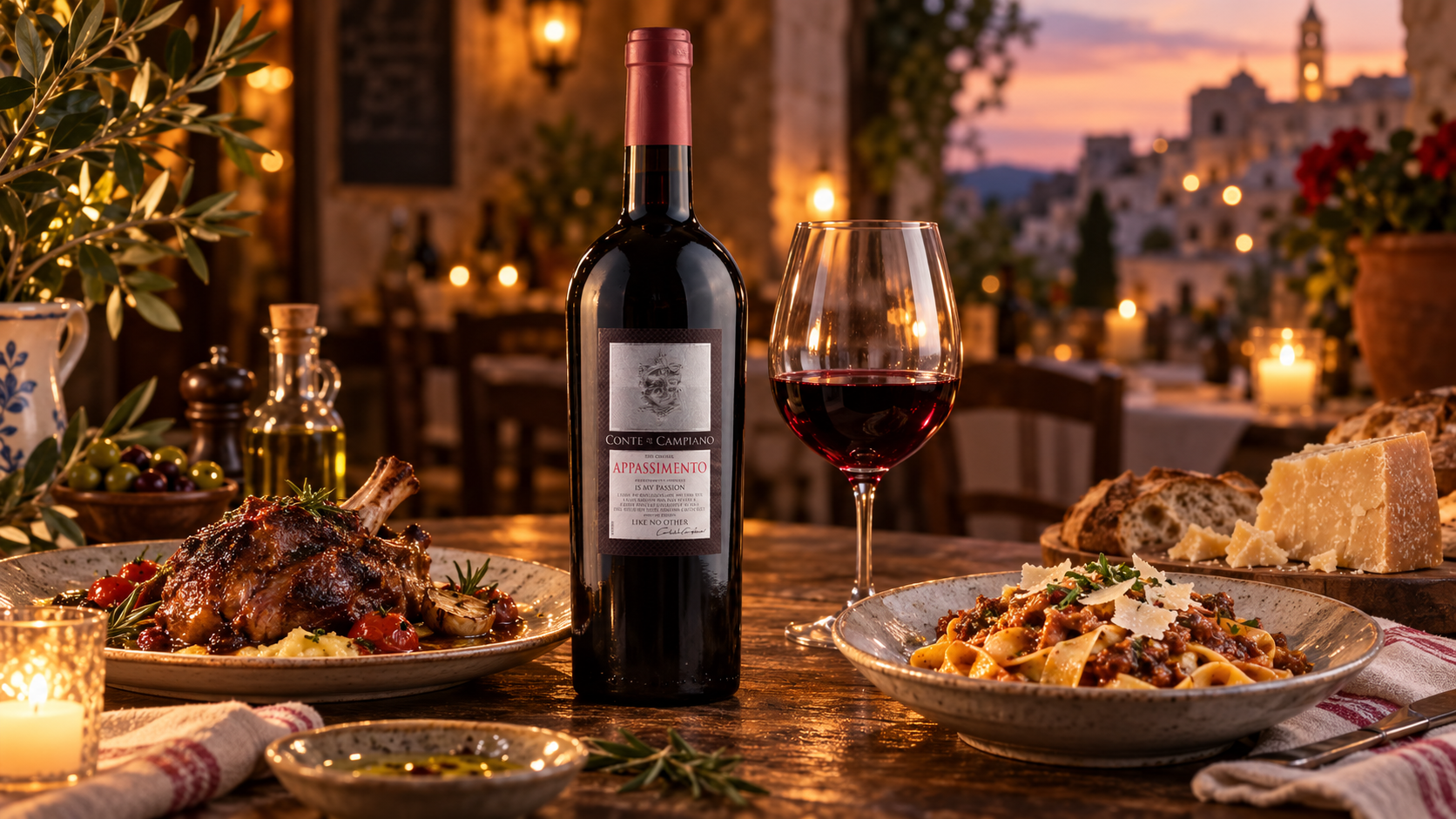 Negroamaro Passito servido com cordeiro, massa de molho rico e queijos duros