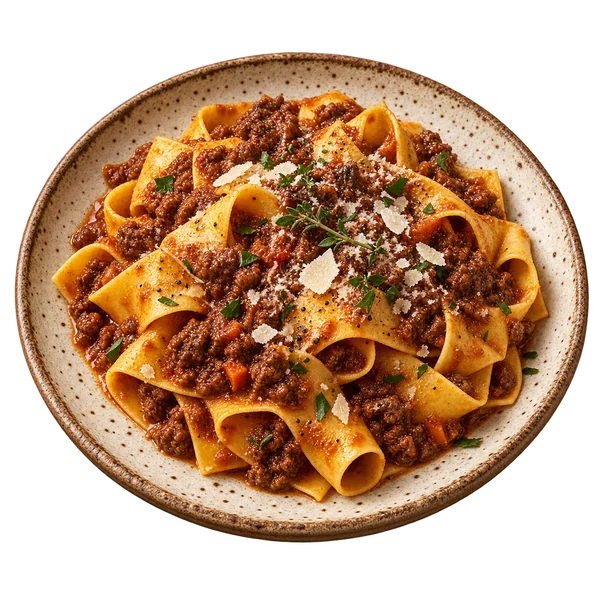 Ilustra&ccedil;&atilde;o de pappardelle ao rag&ugrave; artesanal.