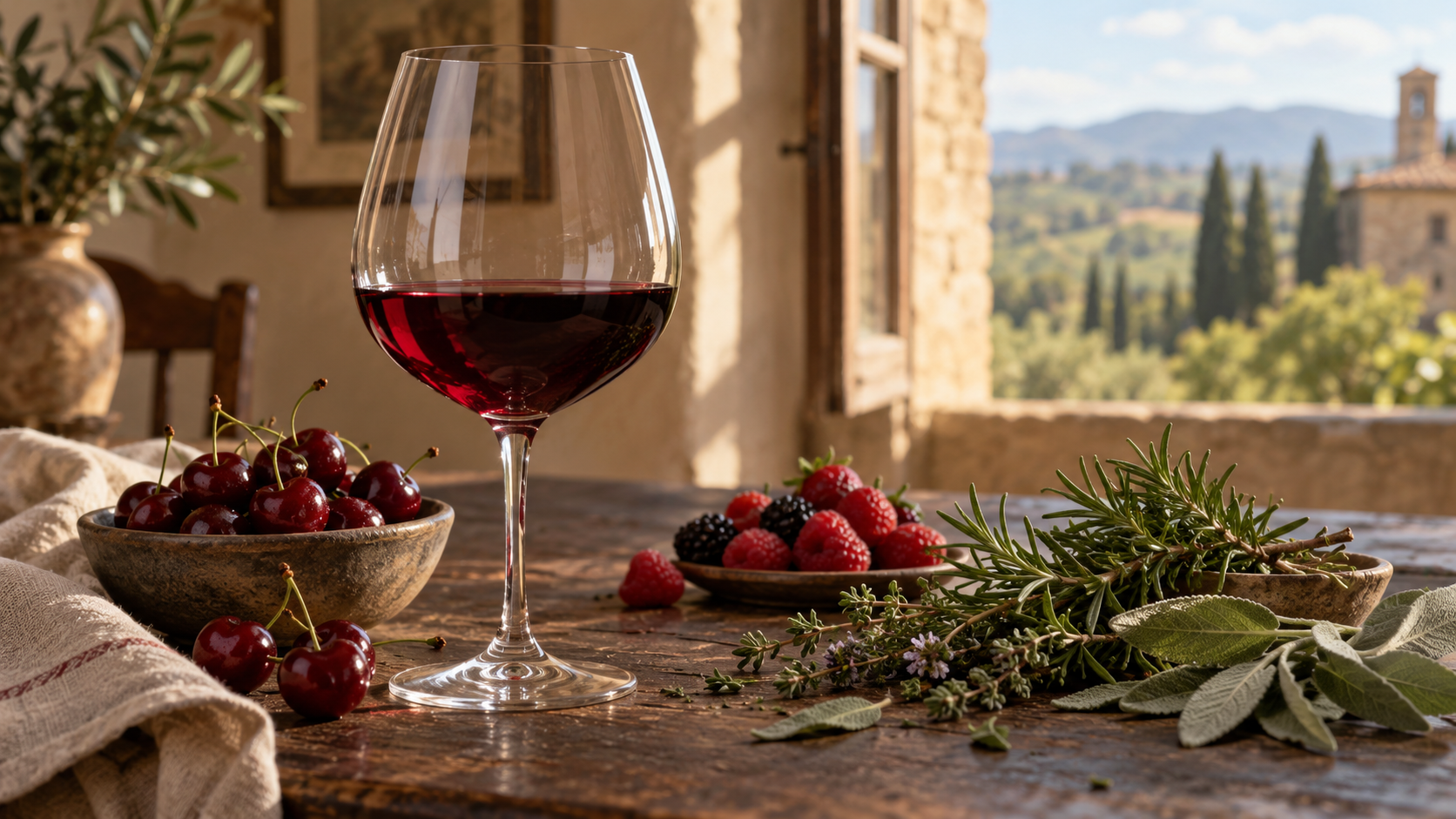 ta&ccedil;a de vinho Romolo, cerejas, frutos vermelhos e ervas