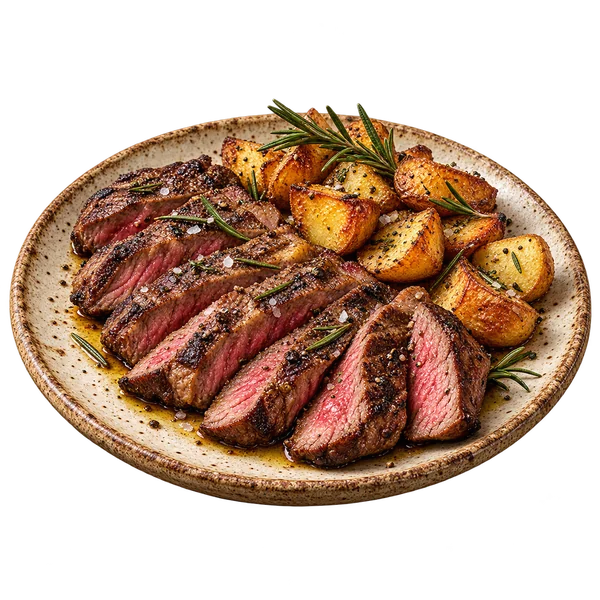 Tagliata com batatas douradas em prato de cerâmica rústica.