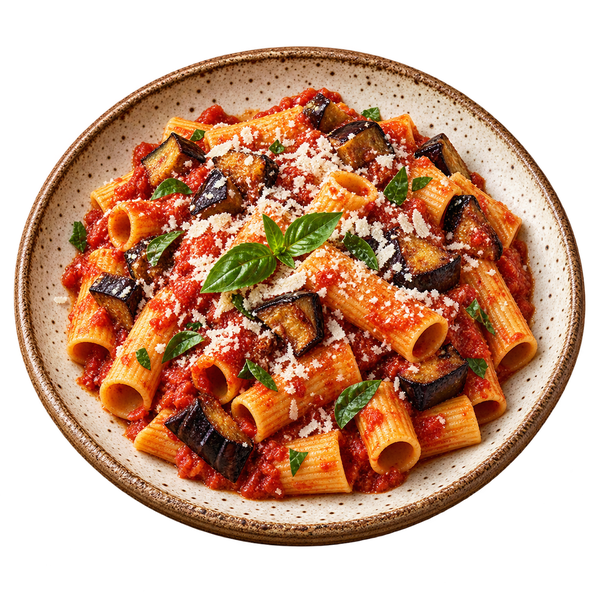 Prato de rigatoni com molho de tomate, berinjela dourada, manjeric&atilde;o e queijo ralado.