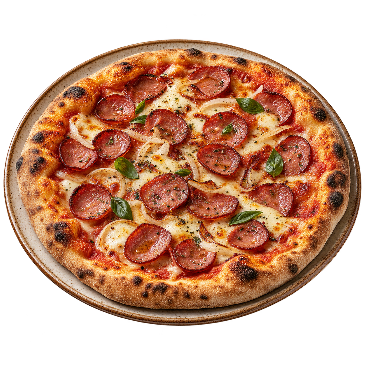 Pizza de calabresa em prato de cer&acirc;mica r&uacute;stica.