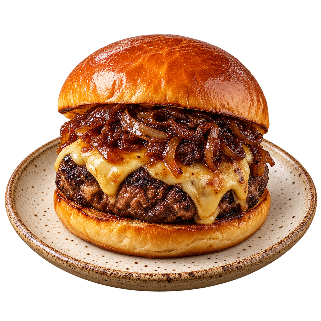 H04 · substituir somente src pela URL de h04-hamburguer-costela.png Hambúrguer de costela em prato de cerâmica rústica.