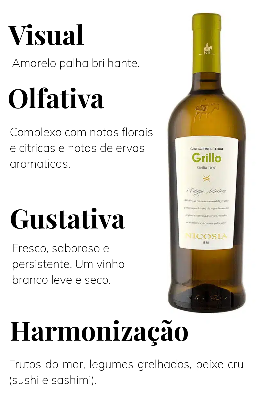 Garrafa original de Nicosia Grillo Sicilia DOC, linha Generazione Mille898, com c&aacute;psula verde-dourada e r&oacute;tulo branco.