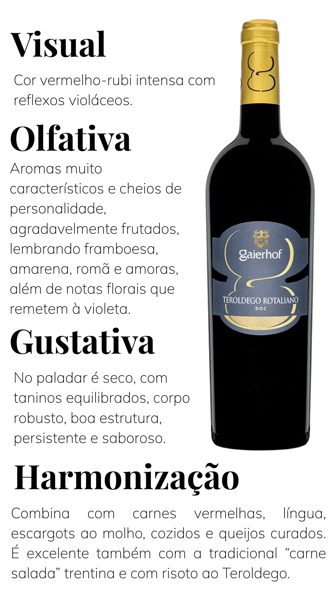 Garrafa de Teroldego Rotaliano DOC Gaierhof: c&aacute;psula dourada, r&oacute;tulo cinza e monograma g dourado.