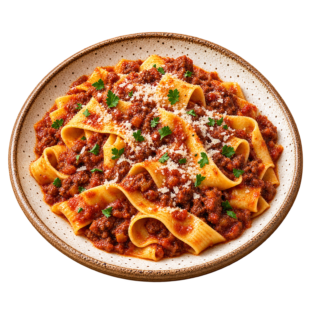 Ilustra&ccedil;&atilde;o de um prato inteiro de pappardelle com rag&ugrave; de carne em cer&acirc;mica r&uacute;stica.