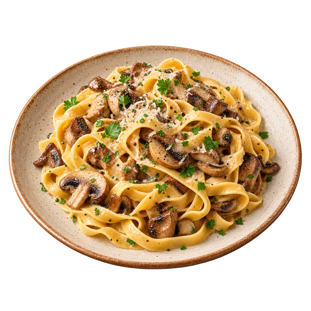 Ilustração de um prato inteiro de tagliatelle com cogumelos em cerâmica rústica.