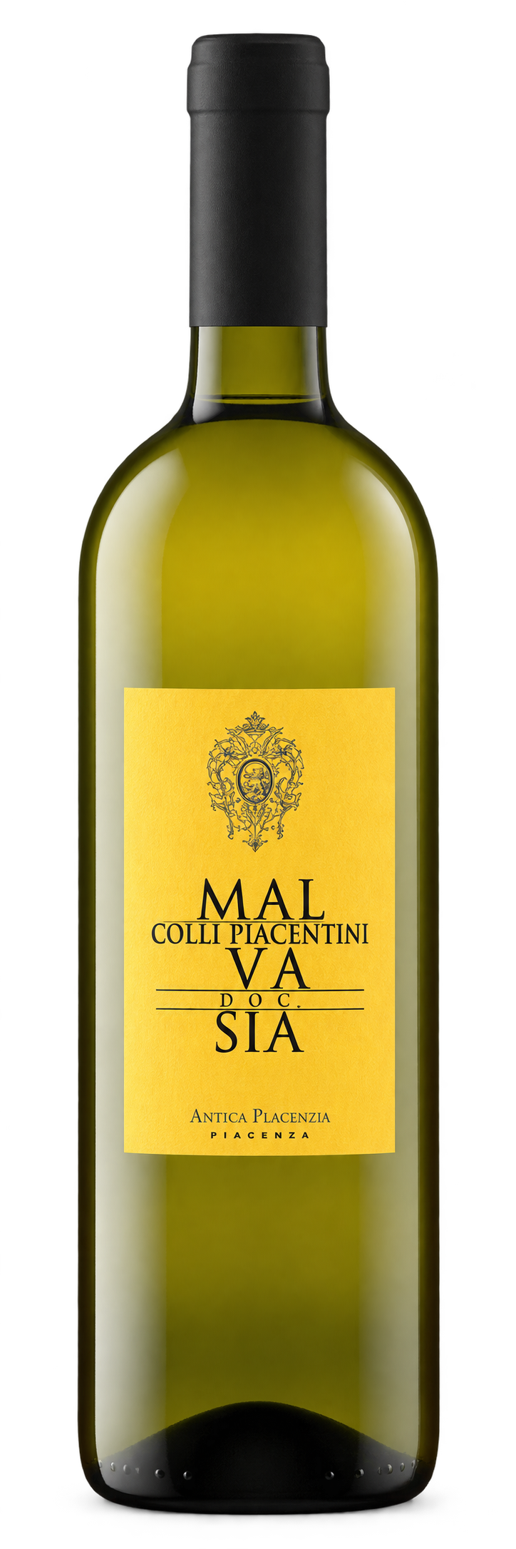 Garrafa de Malvasia Colli Piacentini DOC Antica Placenzia, com r&oacute;tulo amarelo.