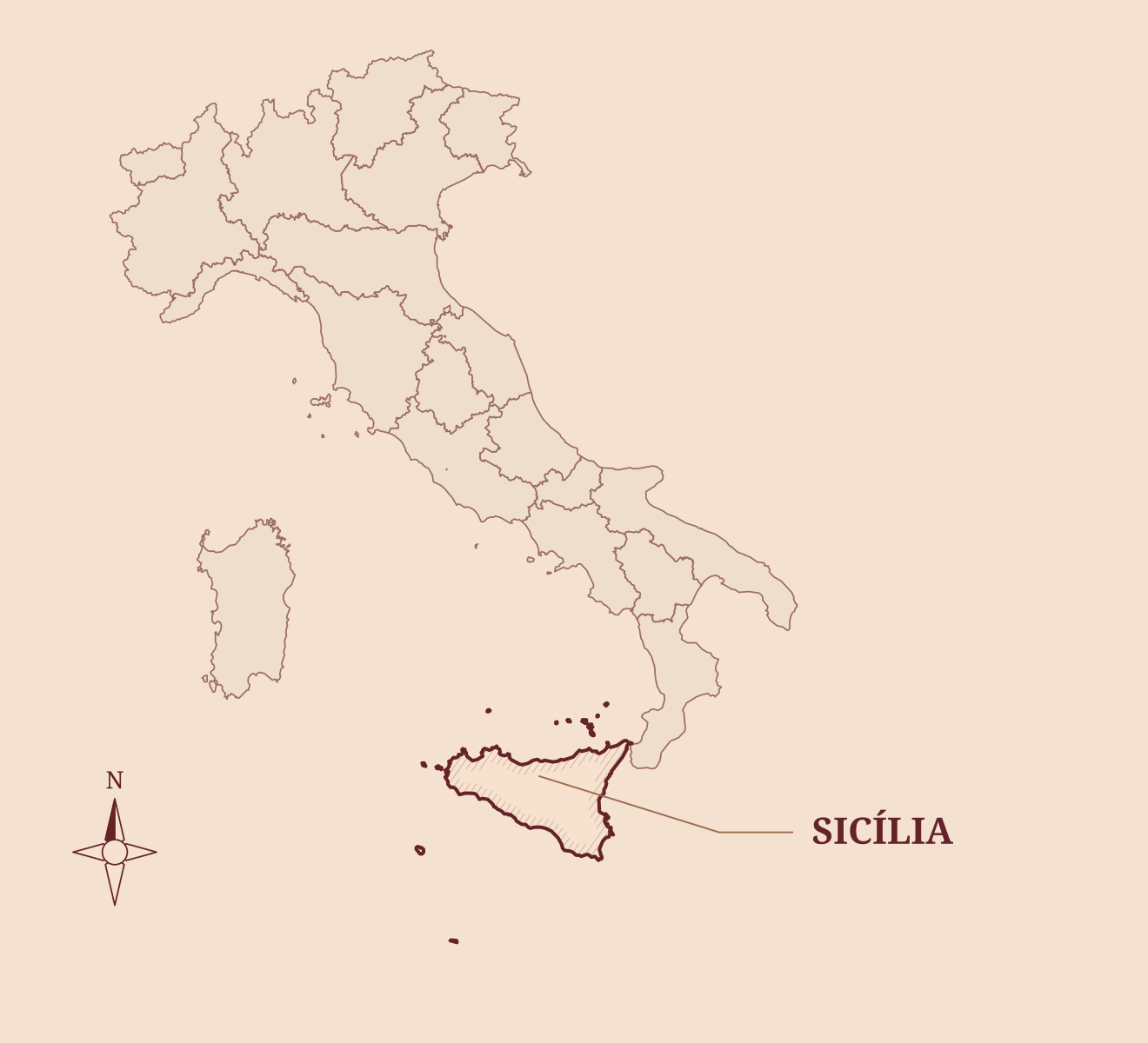 Mapa da It&aacute;lia com apenas a Sic&iacute;lia destacada com contorno marsala e hachura de gravura, sem indica&ccedil;&atilde;o de vinhedos.