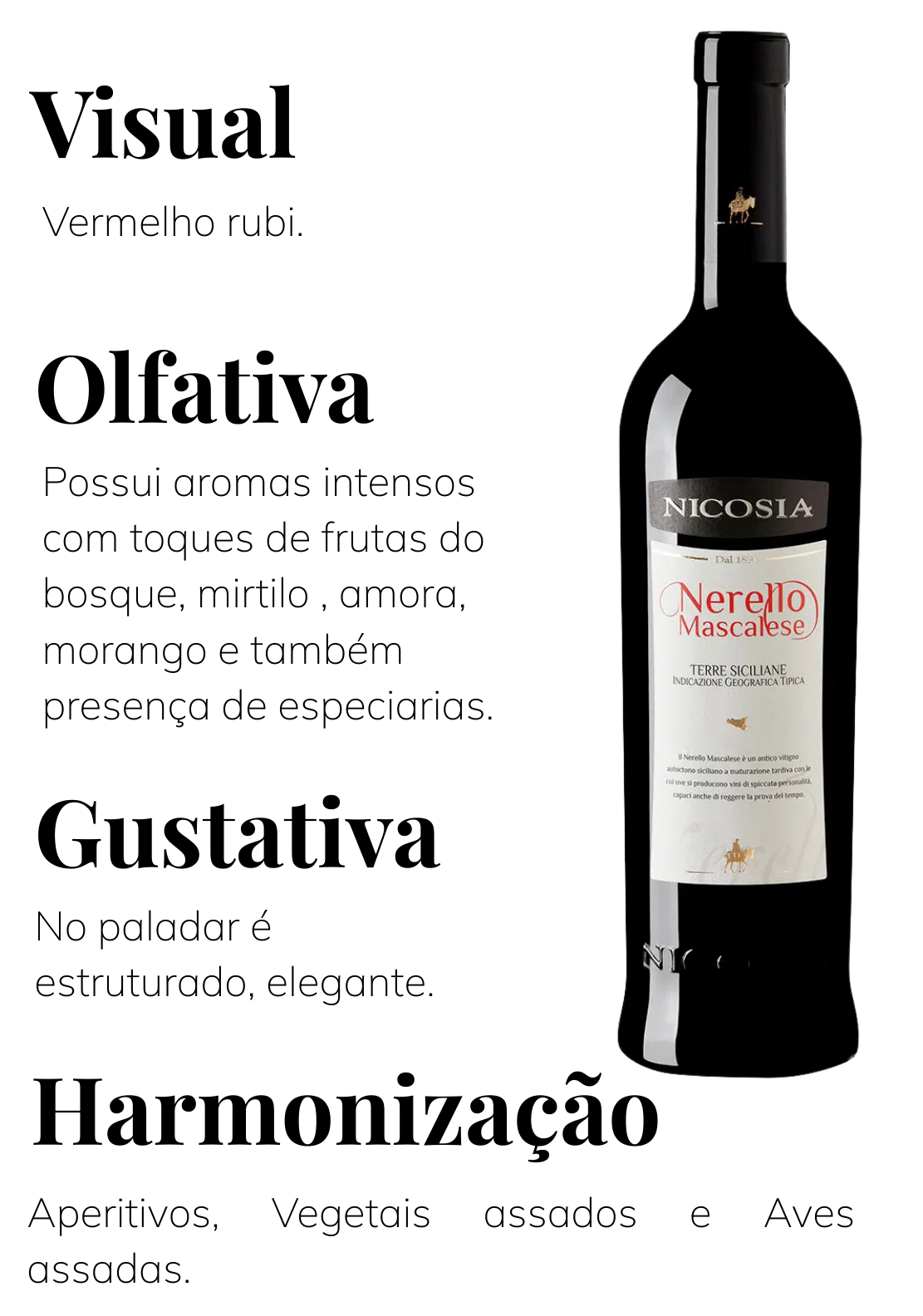 Garrafa original do Nicosia Nerello Mascalese vendido na Due, com r&oacute;tulo branco e faixa preta.