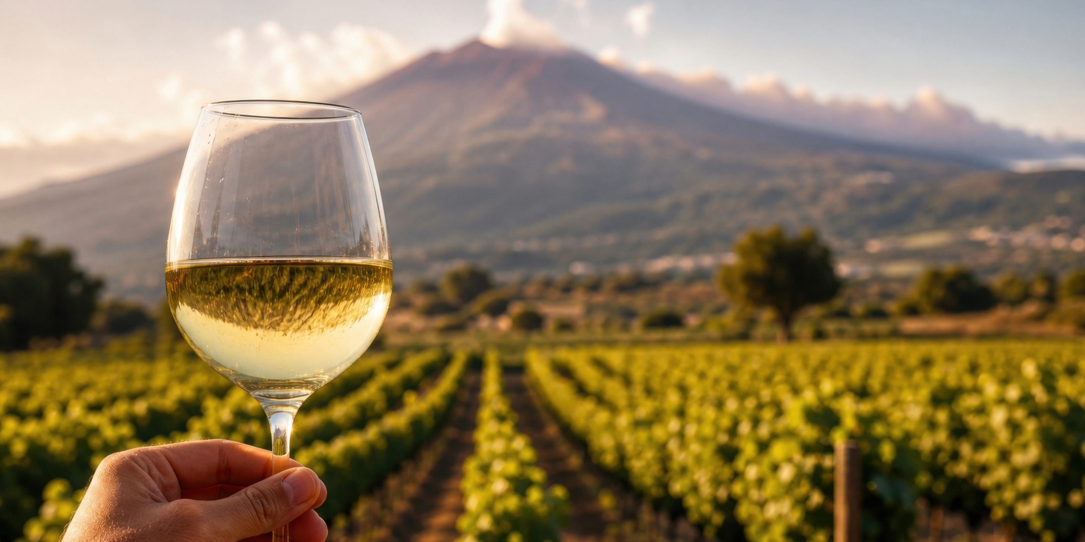 Ta&ccedil;a de vinho branco diante de vinhedos e de uma montanha ao fundo. Imagem ilustrativa de ambienta&ccedil;&atilde;o.