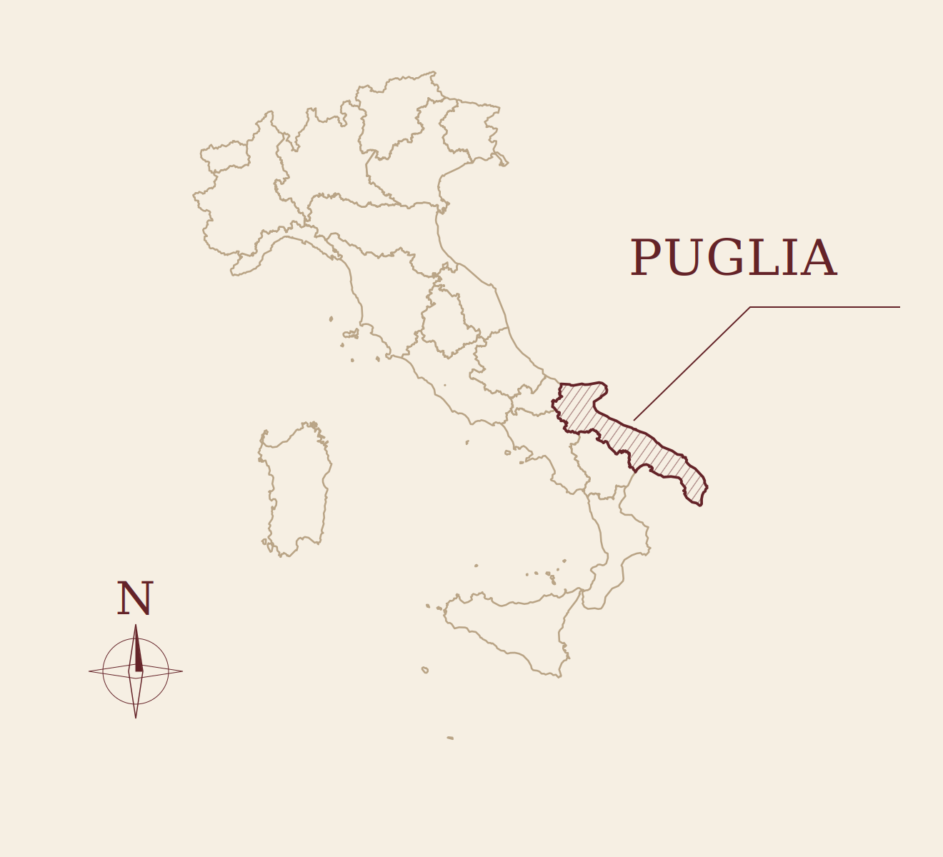 Mapa da It&aacute;lia com Puglia em destaque e b&uacute;ssola.