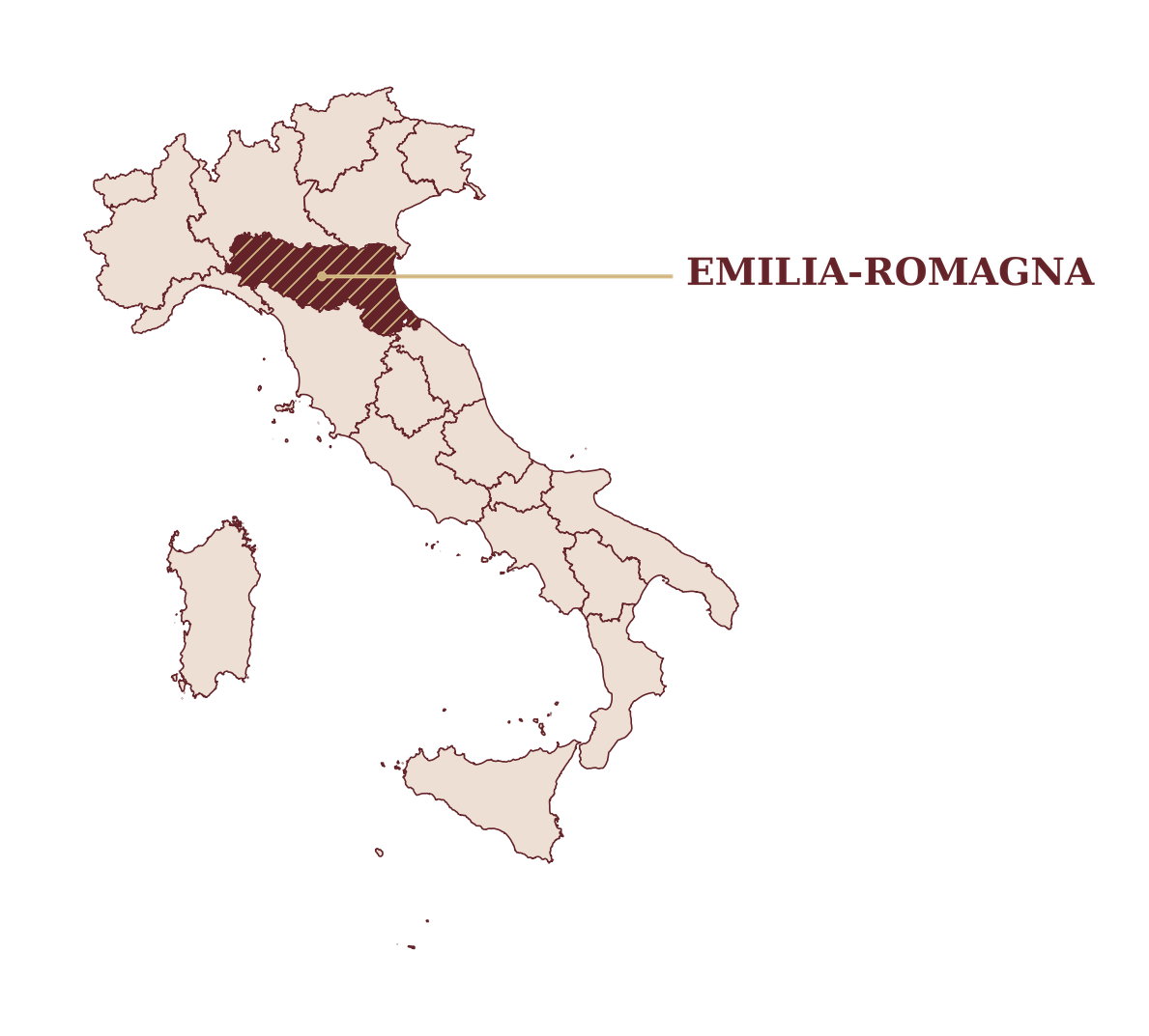 Mapa da It&aacute;lia com a Emilia-Romagna destacada em marsala e hachuras douradas.