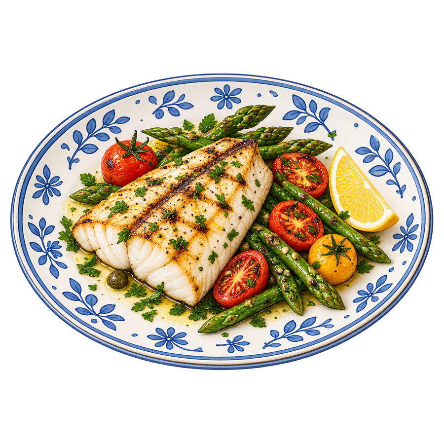 Peixe grelhado com ervas, legumes e lim&atilde;o em prato de cer&acirc;mica azul e branca.