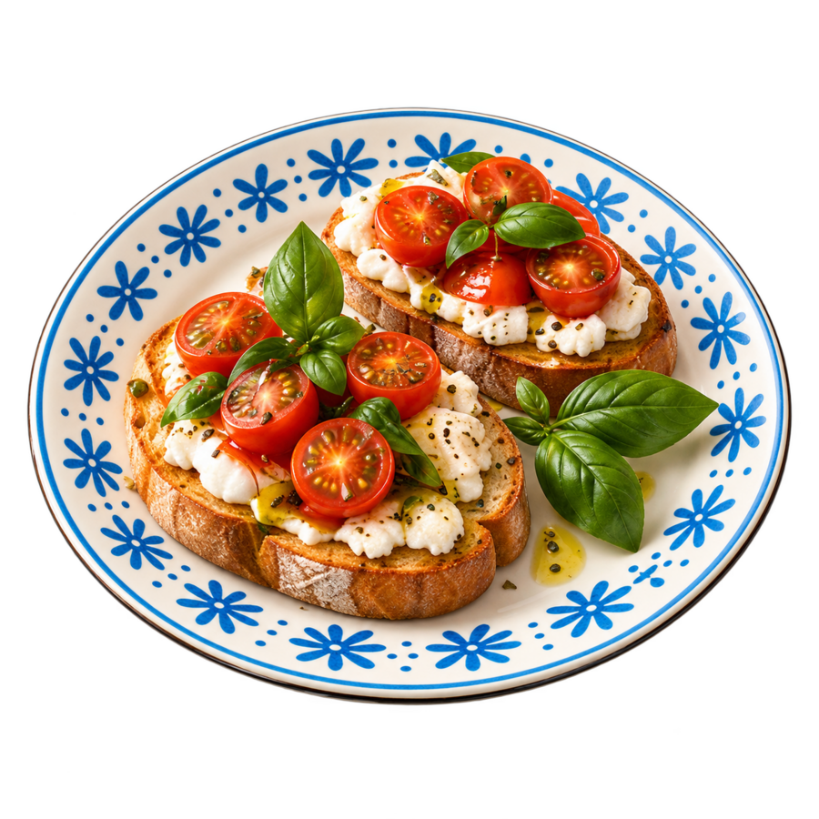 Duas bruschettas com tomate, queijo fresco e manjericão em prato de cerâmica azul e branca.