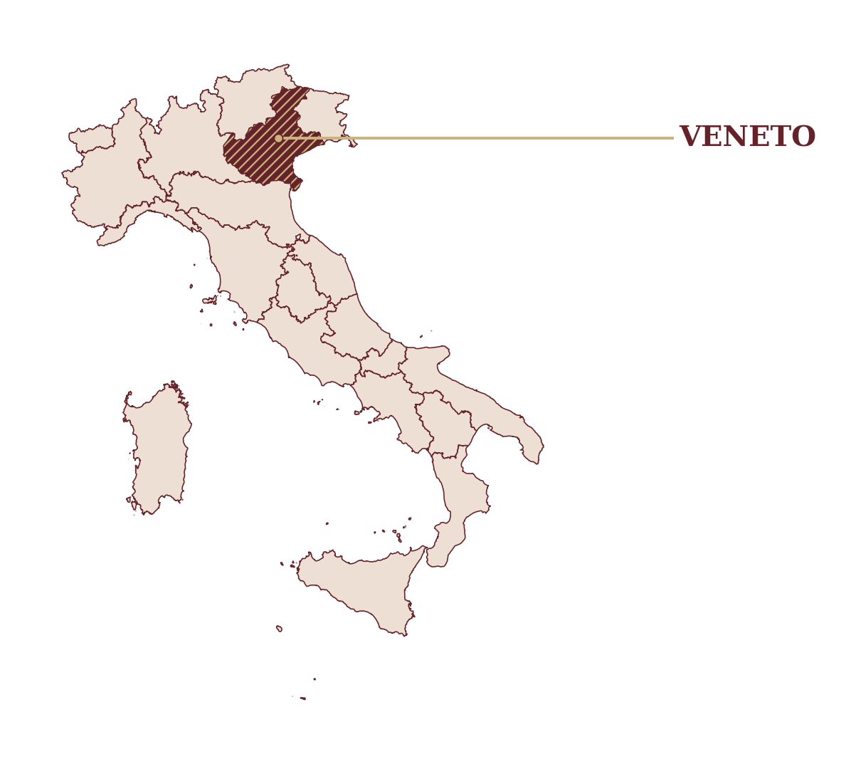 Mapa ilustrativo da It&aacute;lia com apenas a regi&atilde;o do Veneto destacada e identificada por uma linha-guia.