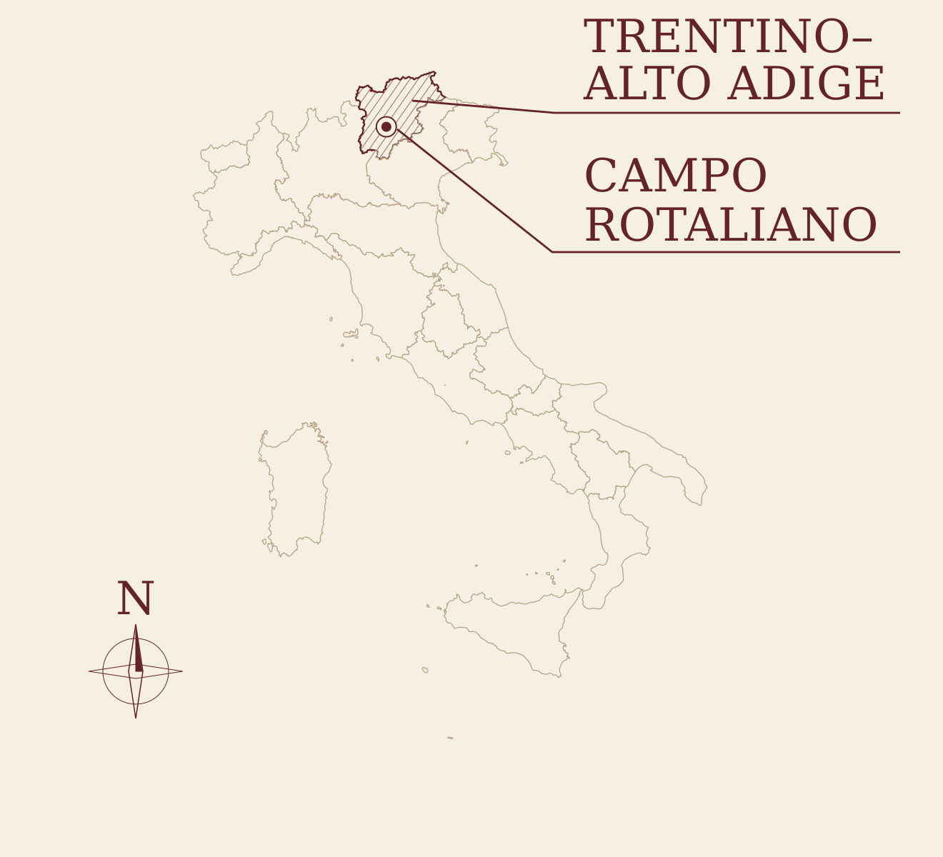 Campo Rotaliano, no Trentino, ao norte de Trento; a hachura identifica a regi&atilde;o administrativa Trentino&ndash;Alto Adige. B&uacute;ssola indica o norte.
