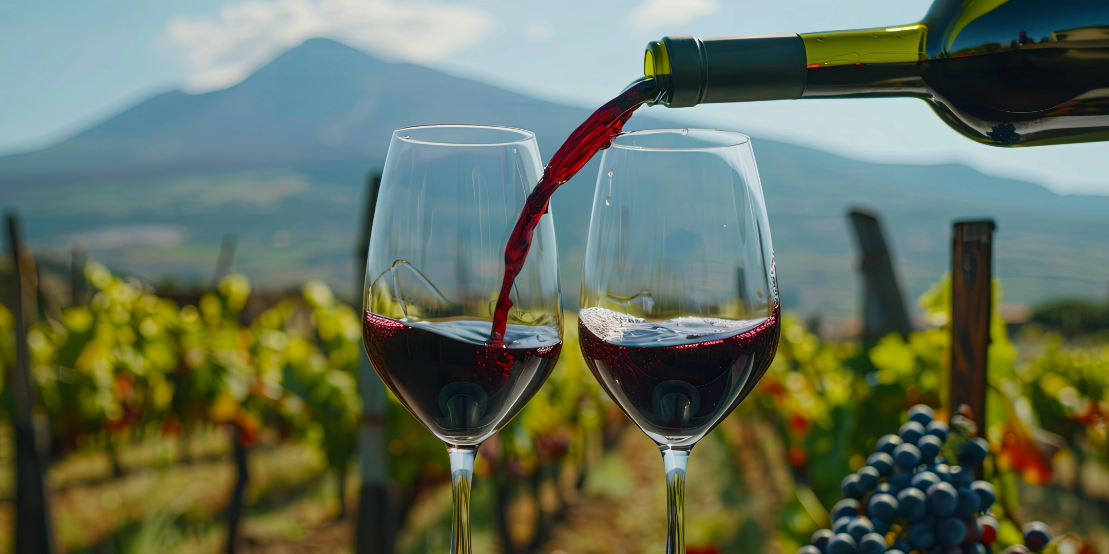 Vinho tinto servido em taças, com vinhas e uma montanha ao fundo.