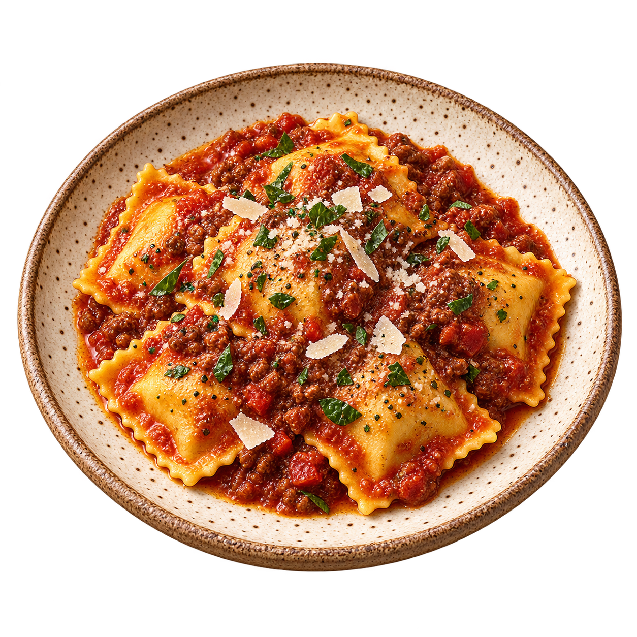 H06 · substituir somente src pela URL de h06-ravioli-carne-tomate.png Ravioli de carne ao molho de tomate em prato de cerâmica rústica.