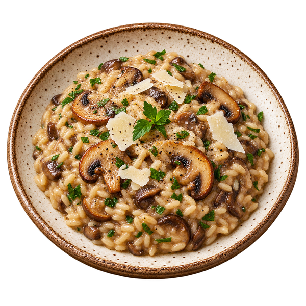 H01 · substituir somente src pela URL de h01-risoto-cogumelos.png Risoto de cogumelos em prato de cerâmica rústica.